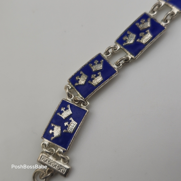 Vintage Sterling Silver & Blue Enamel Link Bracelet - 6" - Picture 2 of 7